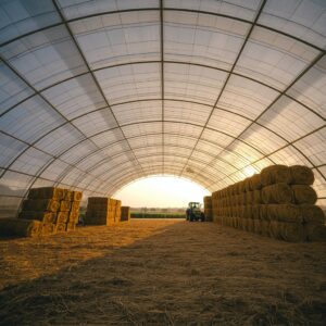 Large agricultural hoop building at sunrise with stacked hay bales and tractor inside, demonstrating efficient hay storage and ventilation in a fabric barn structure.